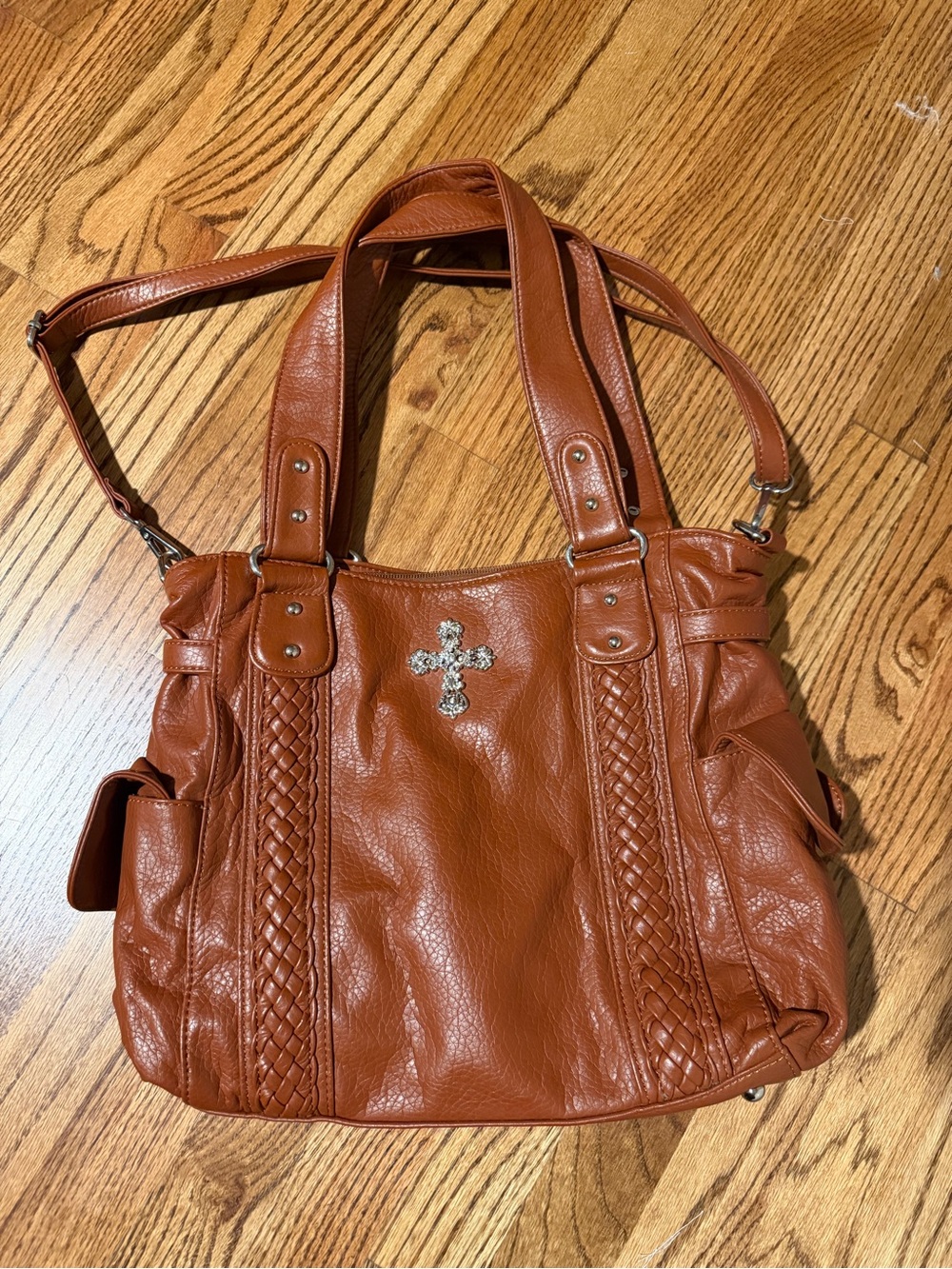 Women's Brown Braided Leather Shoulder Bag with Cross Accent